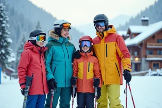Famille avec enfants en tenue de ski au pied des pistes d'une station proche de Paris en hiver