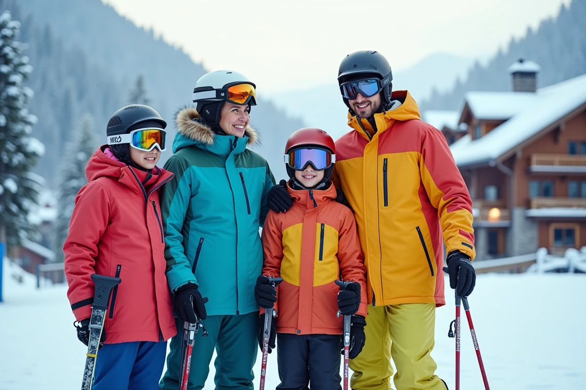 Famille avec enfants en tenue de ski au pied des pistes d'une station proche de Paris en hiver