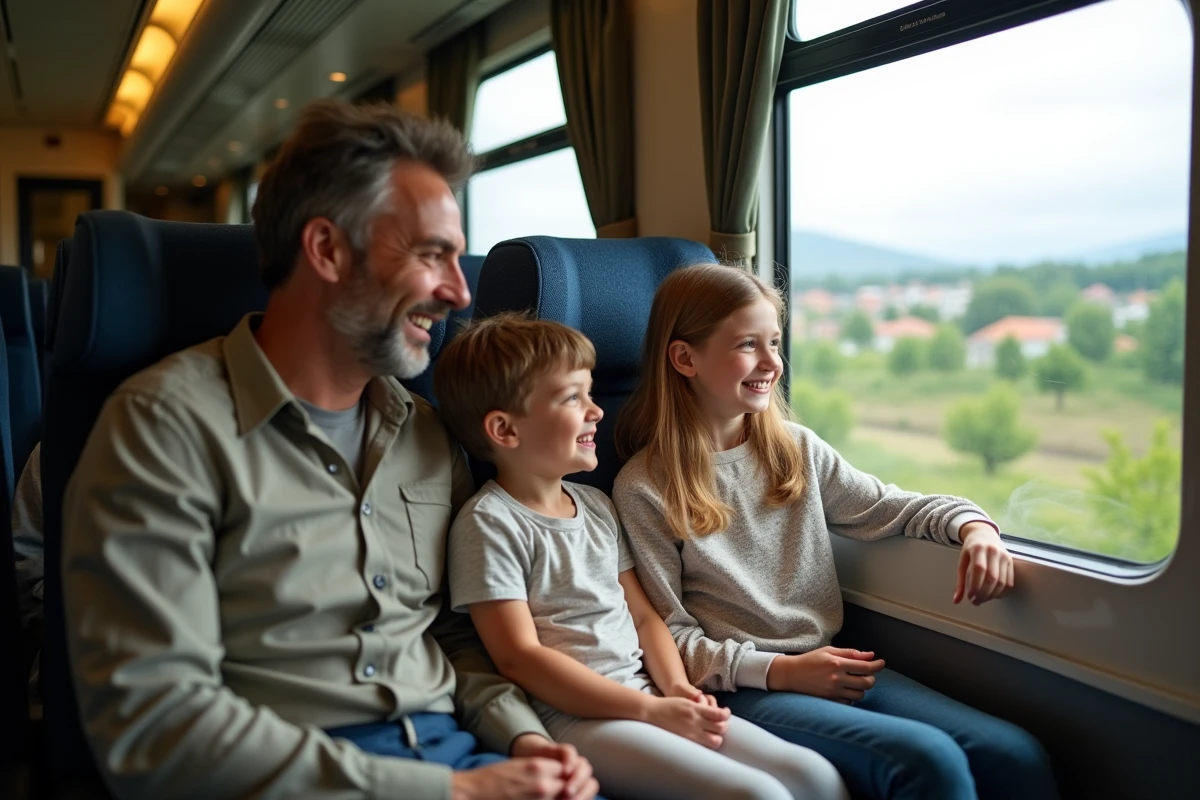 Famille de quatre voyageant en train avec vue sur paysages