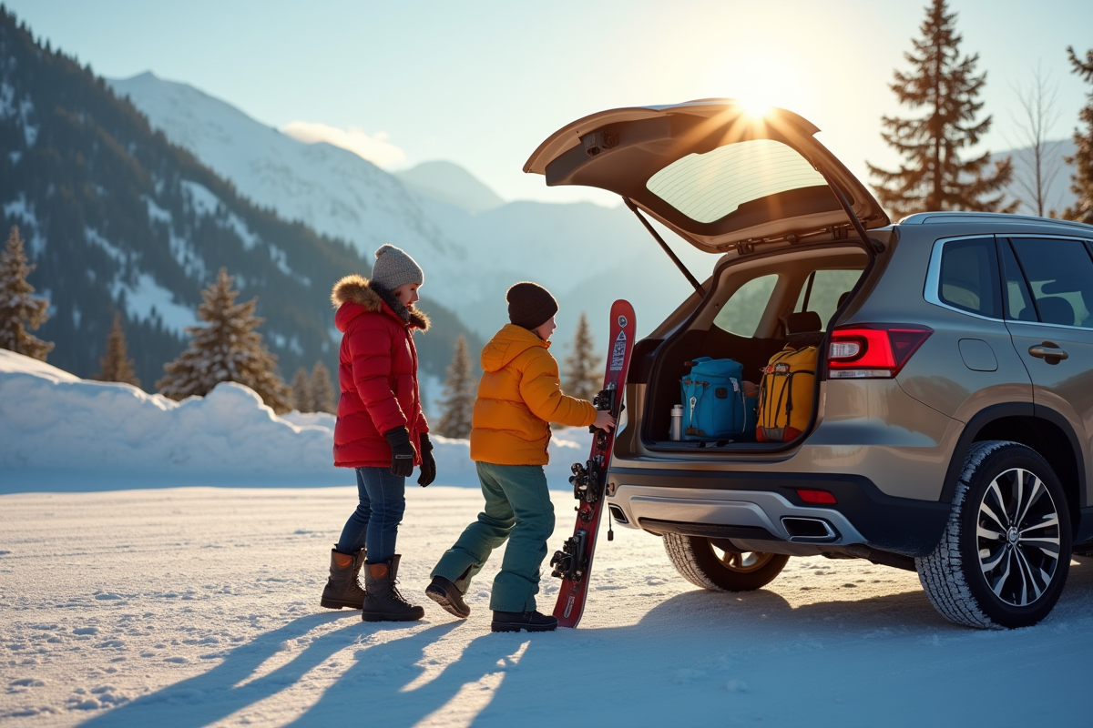 Famille préparant skis dans un parking en montagne ensoleillée