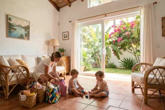 Famille avec enfants en bas âge s'installant dans une villa de vacances en Guadeloupe avec jardin tropical