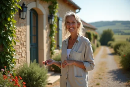 Femme accueillante donnant les clés à un couple devant un gîte rural