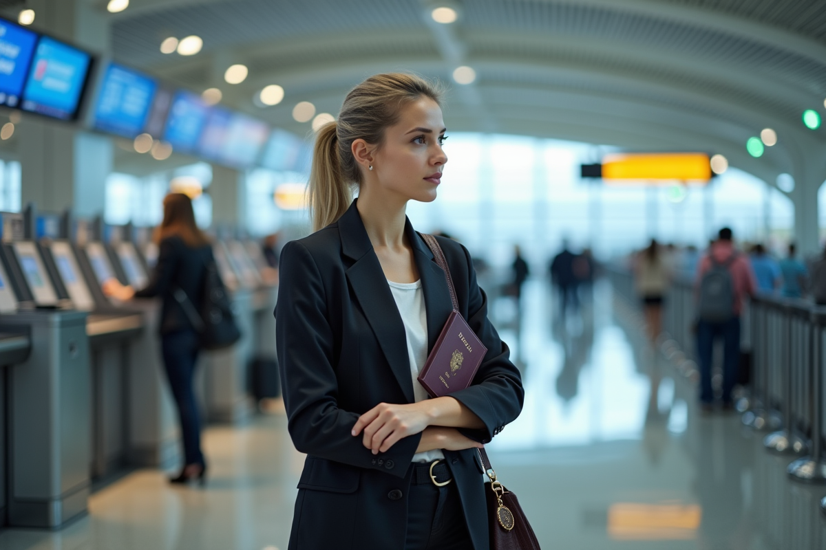 Femme d affaires à l aéroport vérifiant son horloge