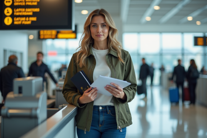 Femme à l'aéroport avec passeport et documents