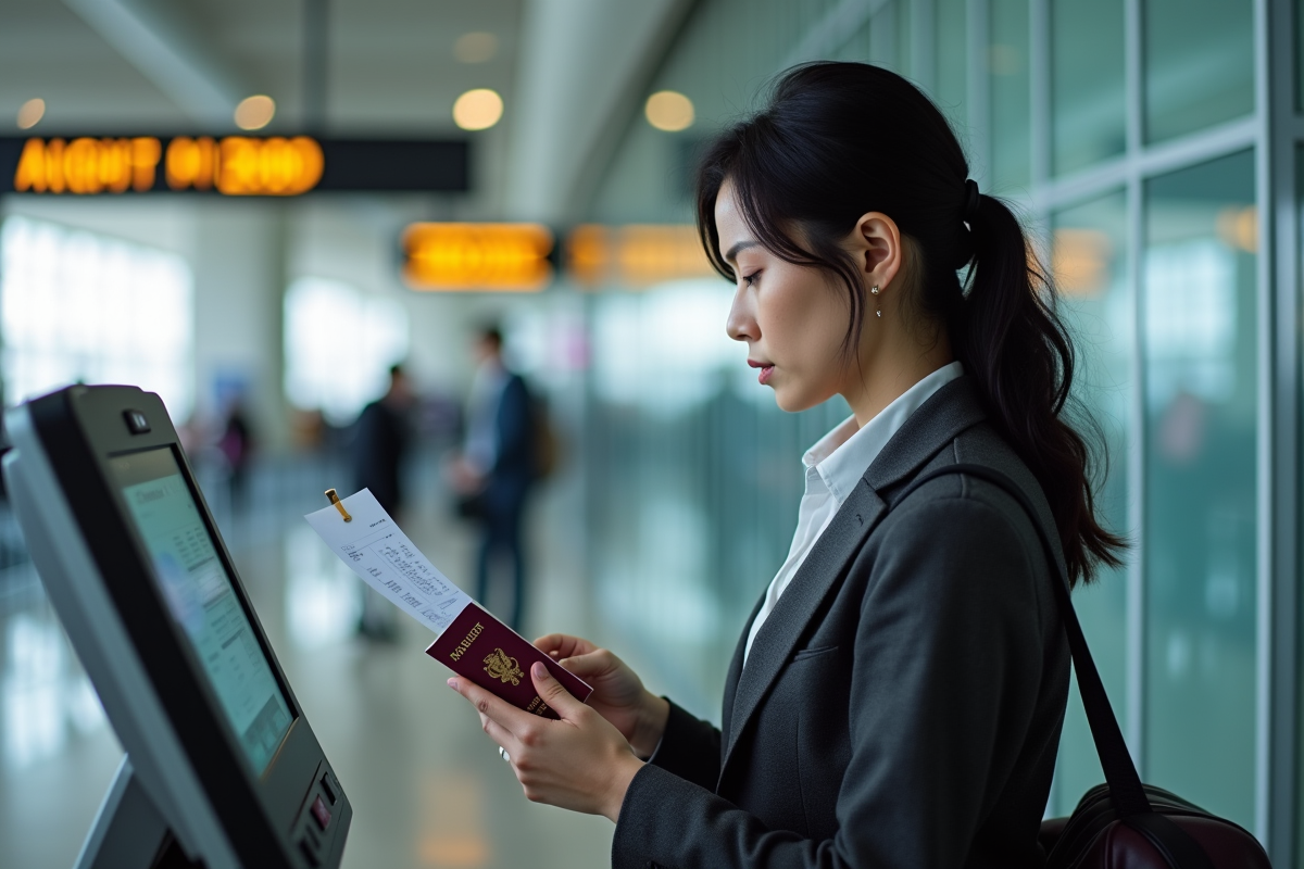 Femme en voyage vérifiant son passeport à l'aéroport