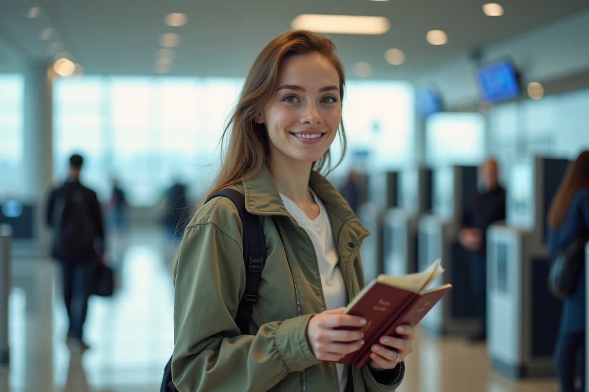Jeune femme à l'aéroport tenant son passeport et billet