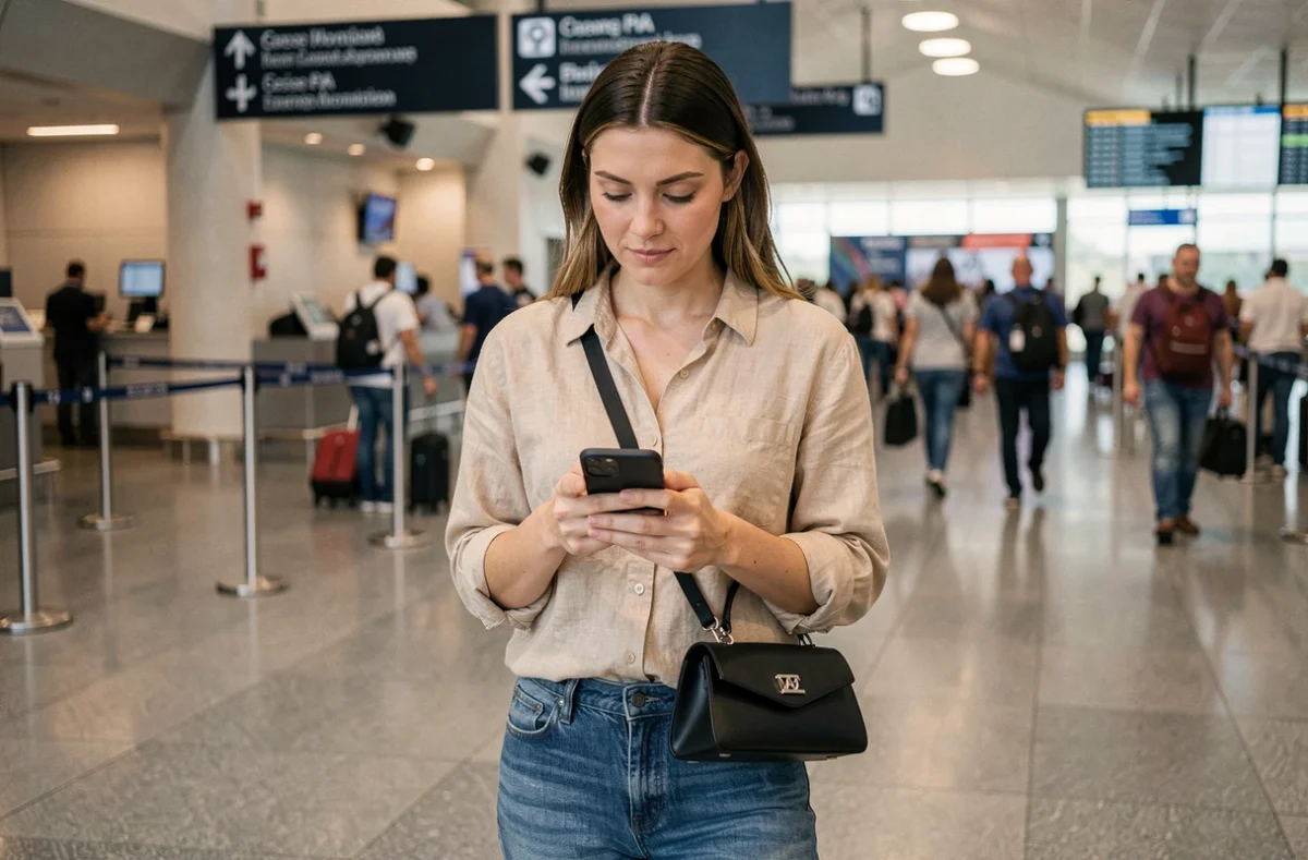Femme en aéroport tenant un sac à main approuvé pour cabine Easyjet