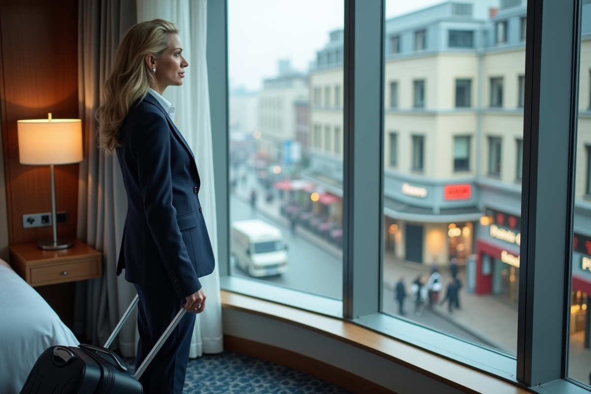 Femme d'affaires regardant la ville depuis une chambre d'hôtel