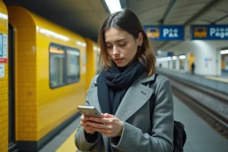 Femme consultant une application de navigation dans une station de U-Bahn berlinois aux murs jaunes caractéristiques