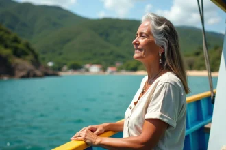 Femme brésilienne en bateau coloré sur la côte verte