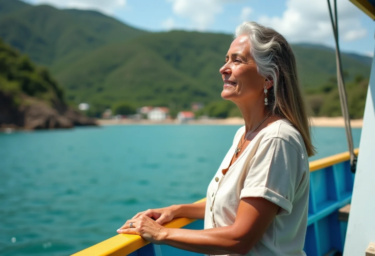 Femme brésilienne en bateau coloré sur la côte verte