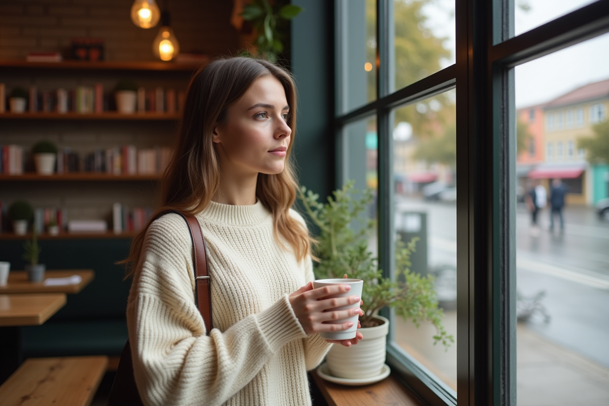 Femme tenant une tasse de cafe dans un cafe cozy