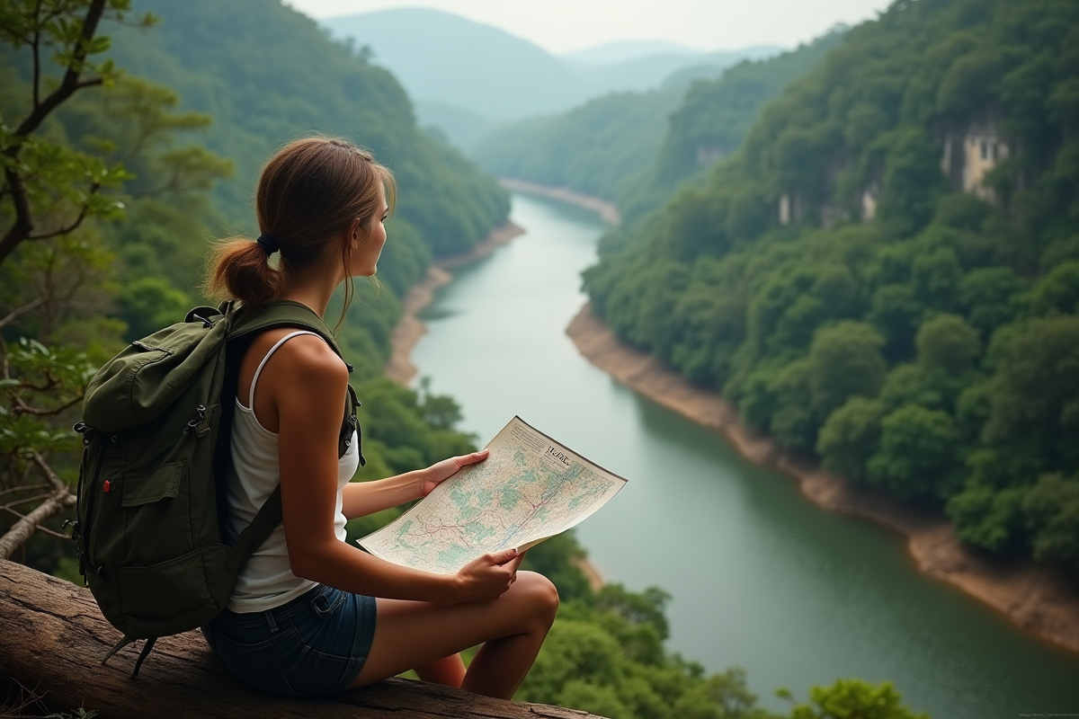 Jeune femme avec carte près de la rivière amazonienne