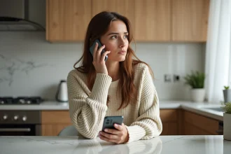 Femme assise à la cuisine avec smartphone en main