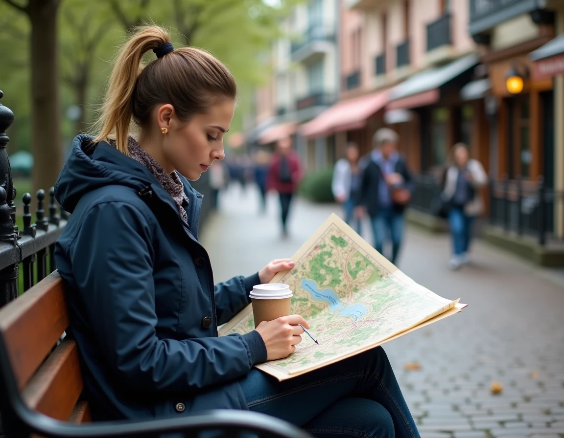 Femme étudiant le plan complet de Disneyland Paris avec le Disneyland Park et les Walt Disney Studios sur un banc
