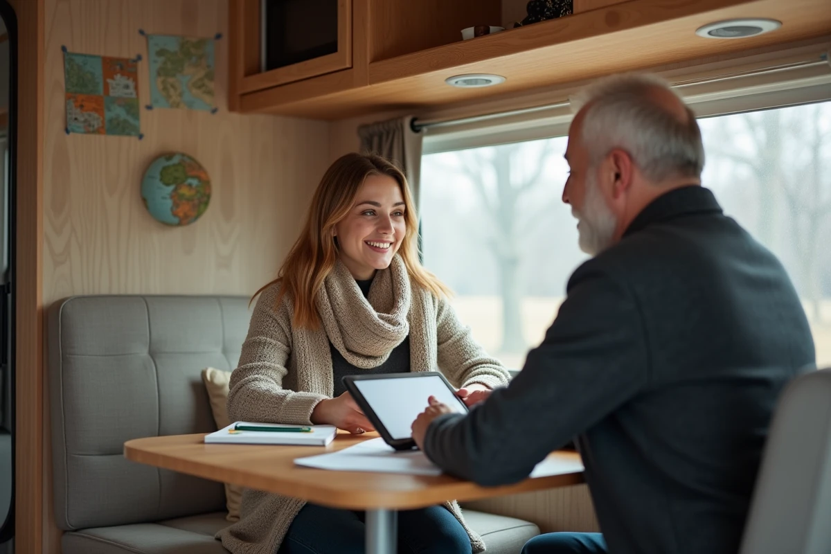 Jeune femme souriante discutant dans son motorhome cosy