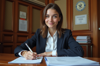 Jeune femme remplissant un formulaire de visa dans un bureau français