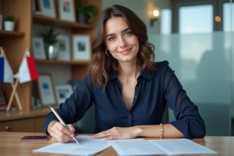 Jeune femme remplissant formulaire de visa dans un consulat