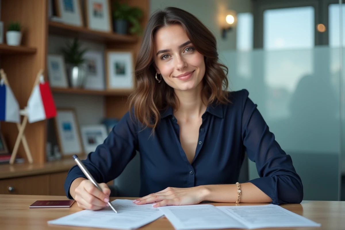 Jeune femme remplissant formulaire de visa dans un consulat
