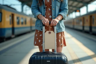 Jeune femme attachant une étiquette à sa valise en gare