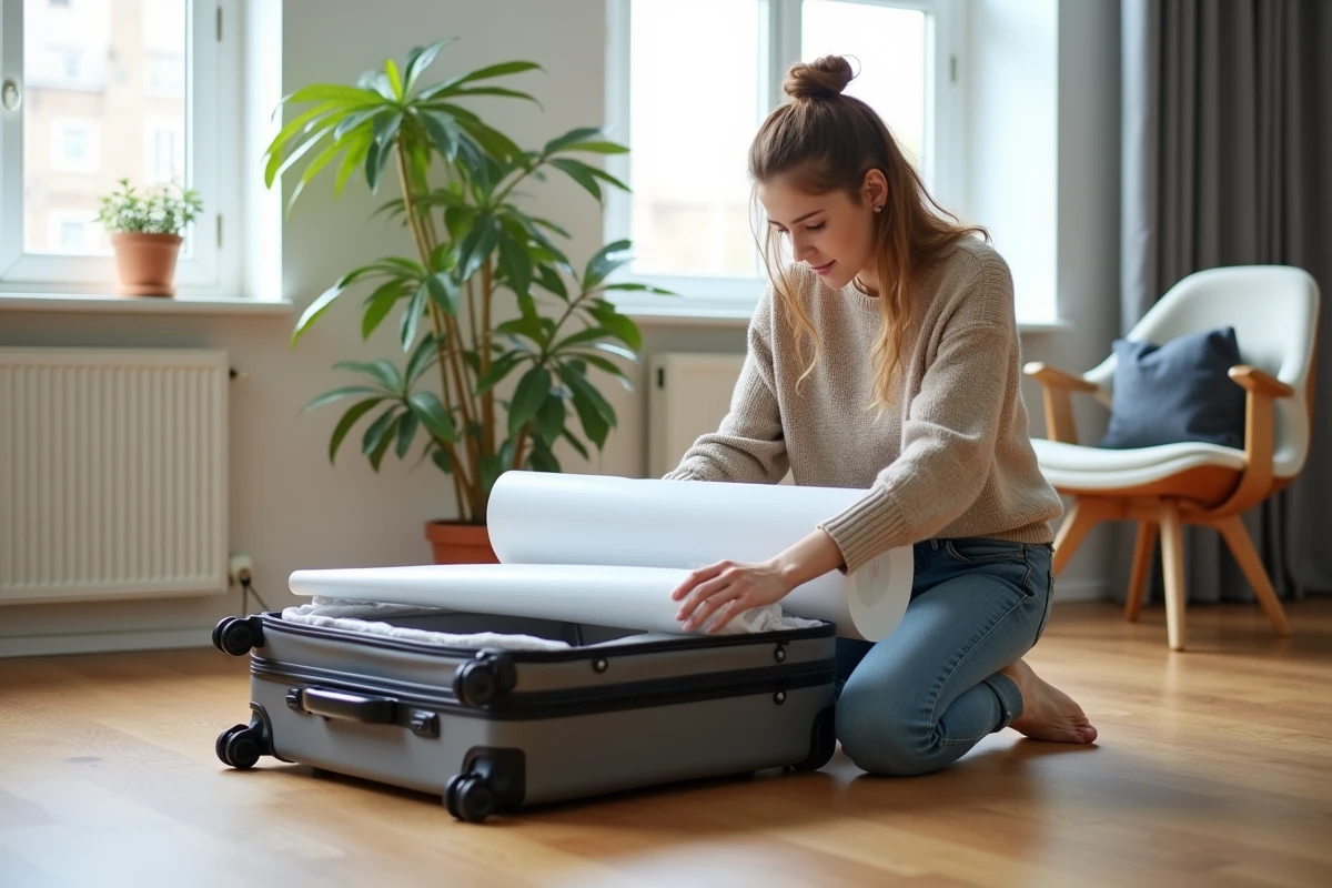 Jeune femme préparant sa valise à la maison