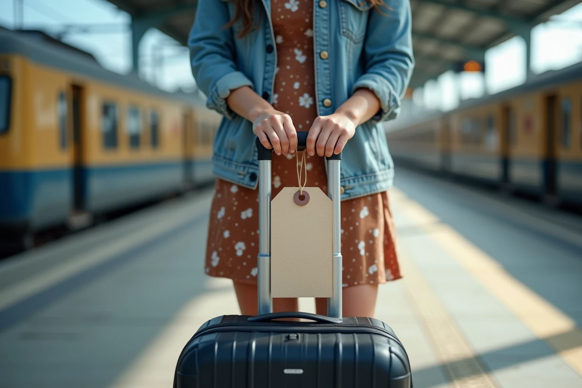 Jeune femme attachant une étiquette à sa valise en gare
