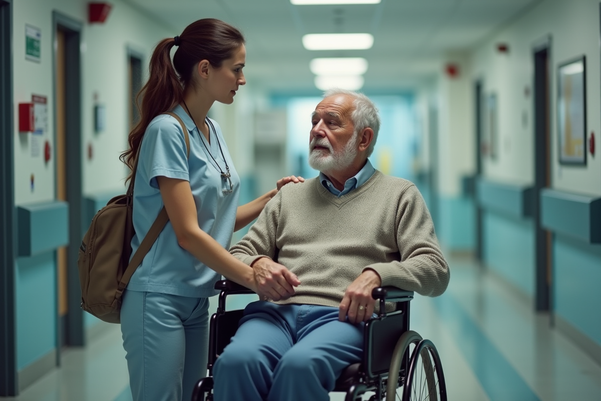 Femme inquiète tenant la main de son père en fauteuil