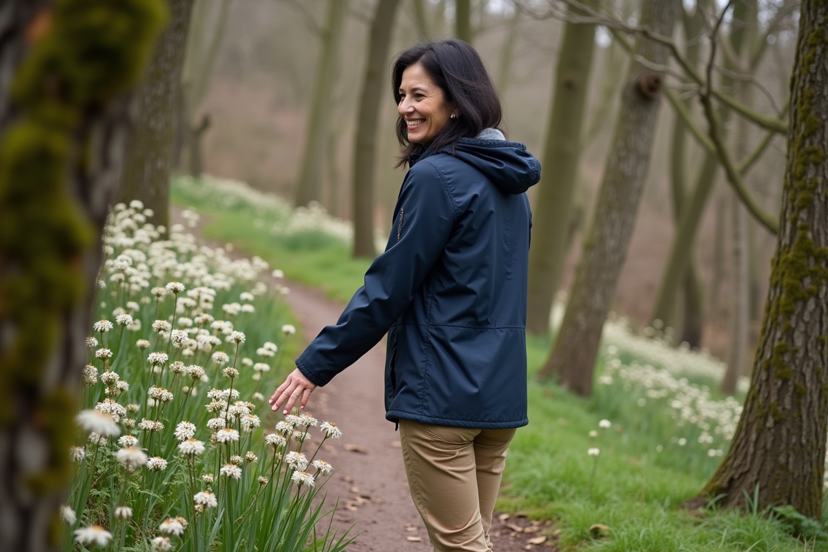 Femme admirant des fleurs sauvages en forêt de Fontainebleau