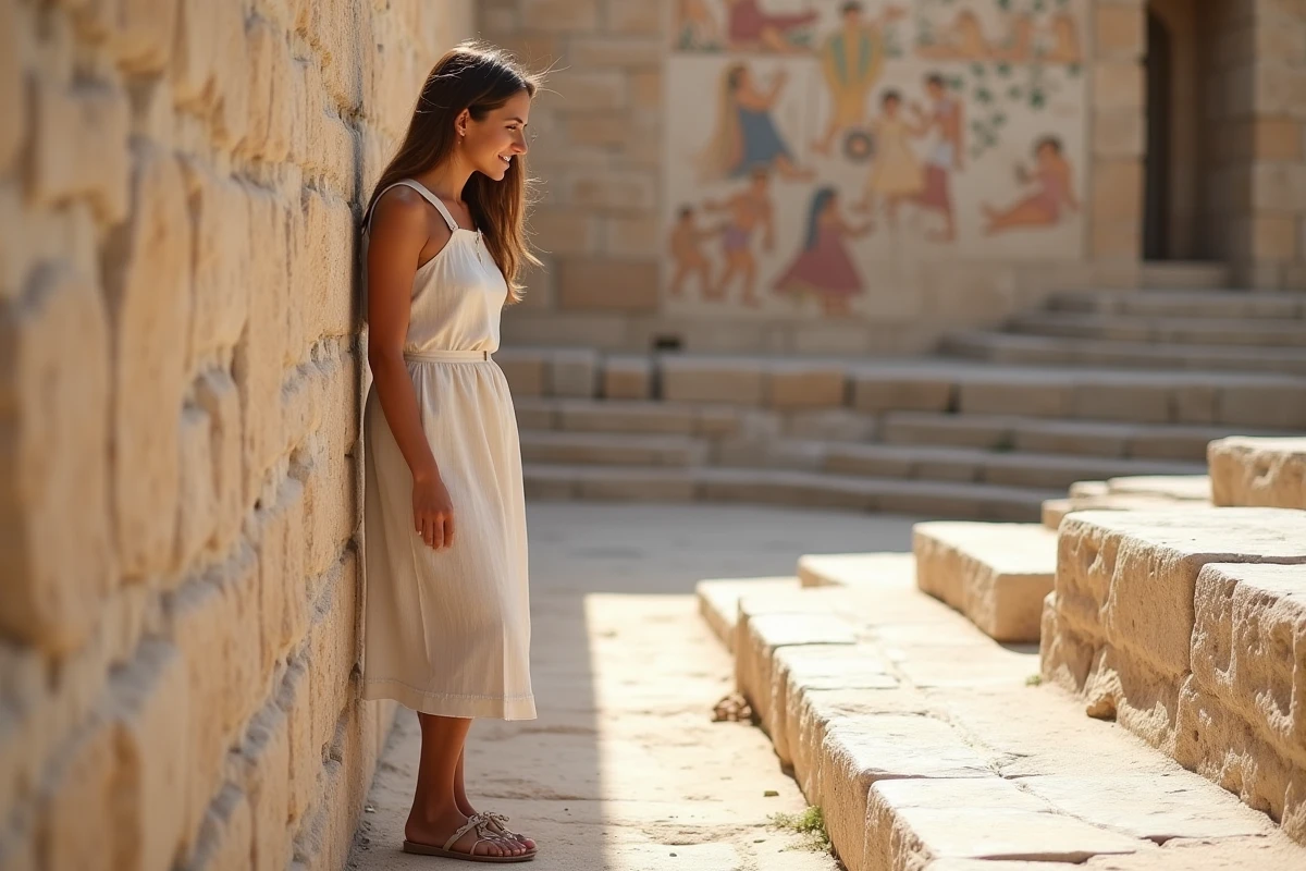Femme souriante observant une fresque ancienne à Akrotiri