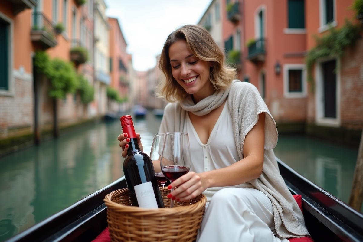 Femme souriante en gondola avec vin à venise