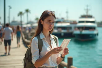 Jeune femme au port vérifiant un billet de ferry
