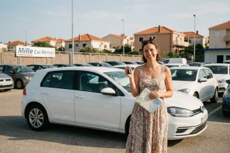 Femme souriante avec clés et carte devant voiture à Mille