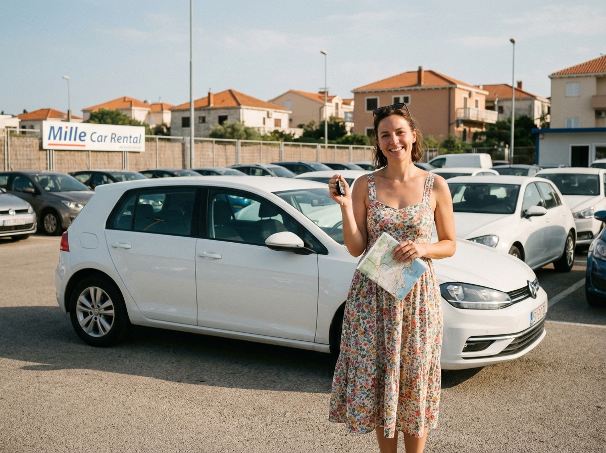 Femme souriante avec clés et carte devant voiture à Mille