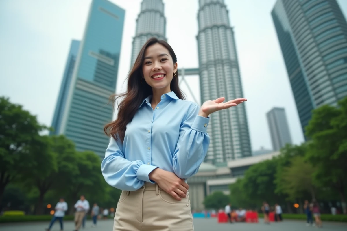 Jeune femme malaysienne devant les tours Petronas à Kuala Lumpur