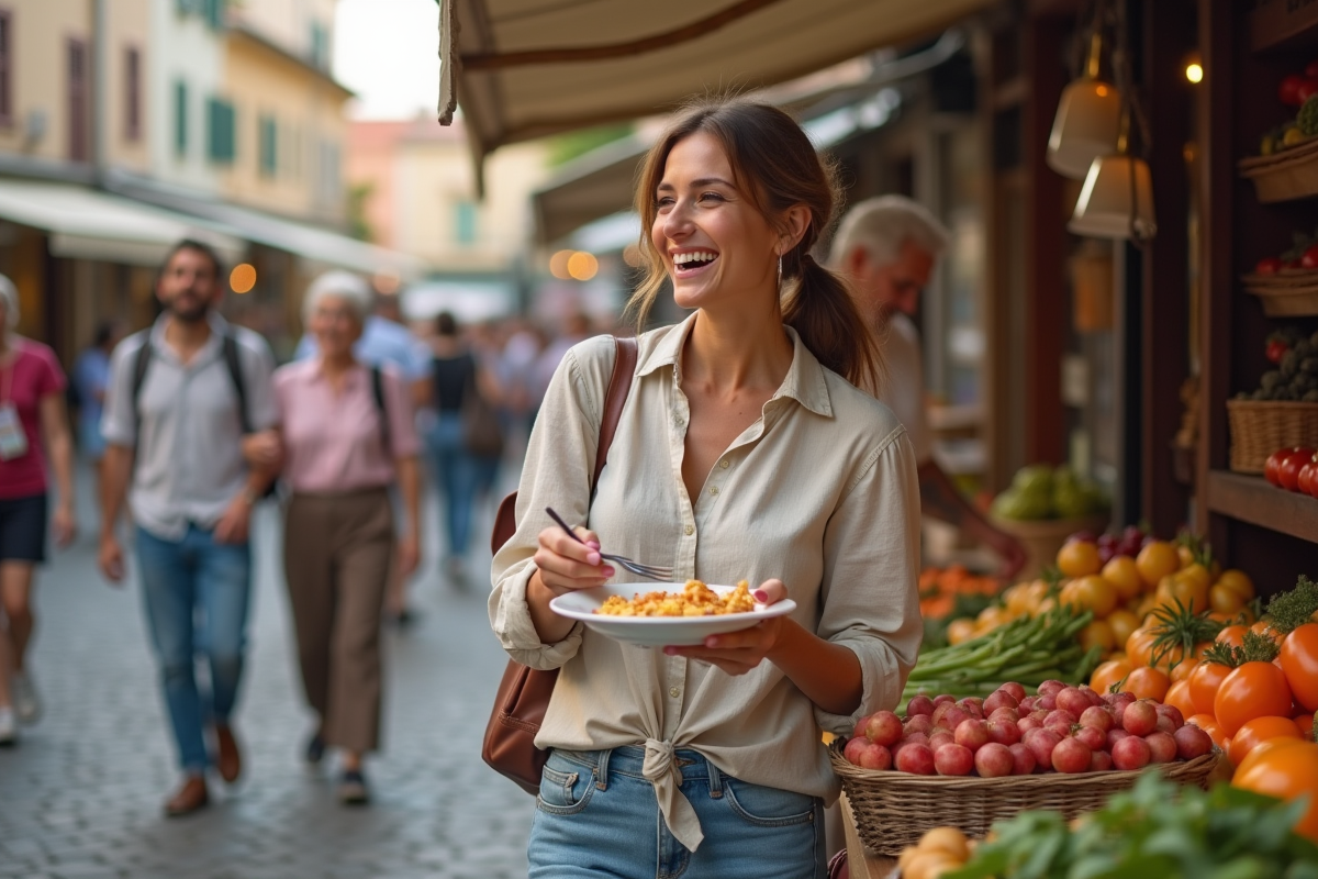 Jeune femme souriante partageant un plat local au marché