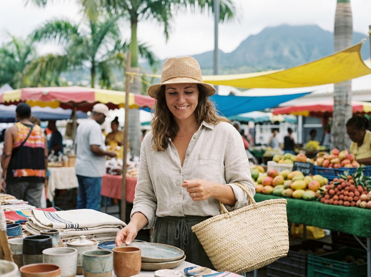 Femme souriante dans un marché de La Réunion
