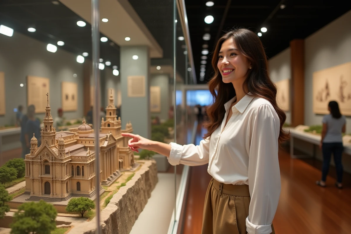 Jeune femme nicaraguayenne pointant la maquette de la cathédrale