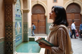 Jeune femme contemplant la fontaine mosaïque à Fès