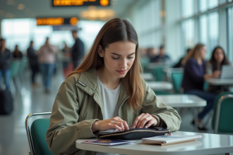 Jeune femme organise ses documents de voyage à l'aéroport
