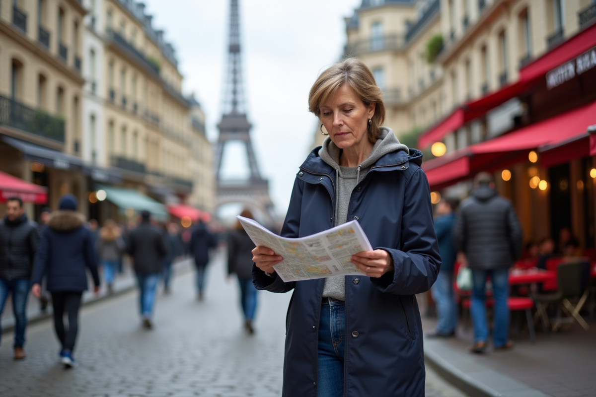 Femme avec veste à Paris devant la Tour Eiffel