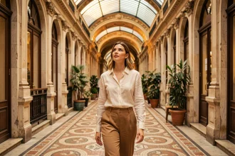 Femme se promenant dans le passage Vivienne à Paris, admirant la verrière ornementale et le sol en mosaïque historique