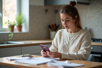 Jeune femme arrangeant ses documents de voyage à la maison