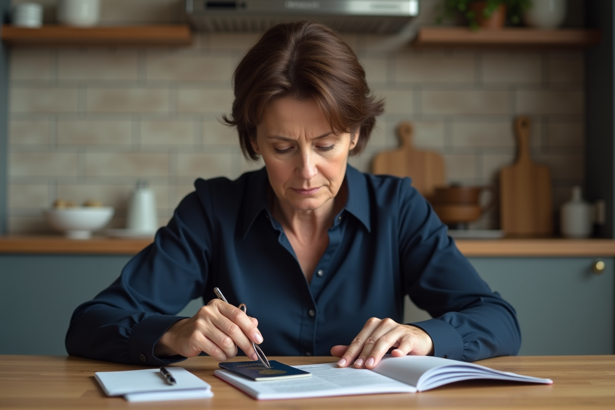 Femme examinant son passeport dans la cuisine