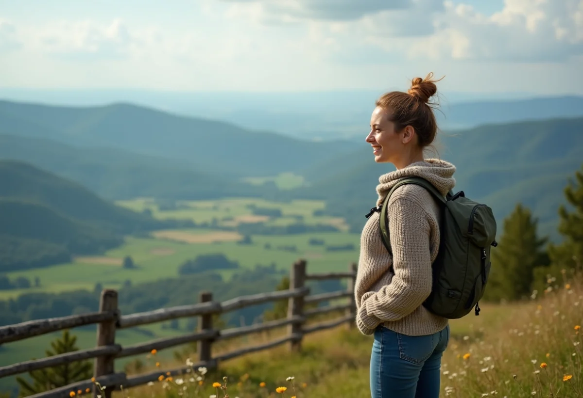 Jeune femme souriante en Auvergne avec vue sur la nature