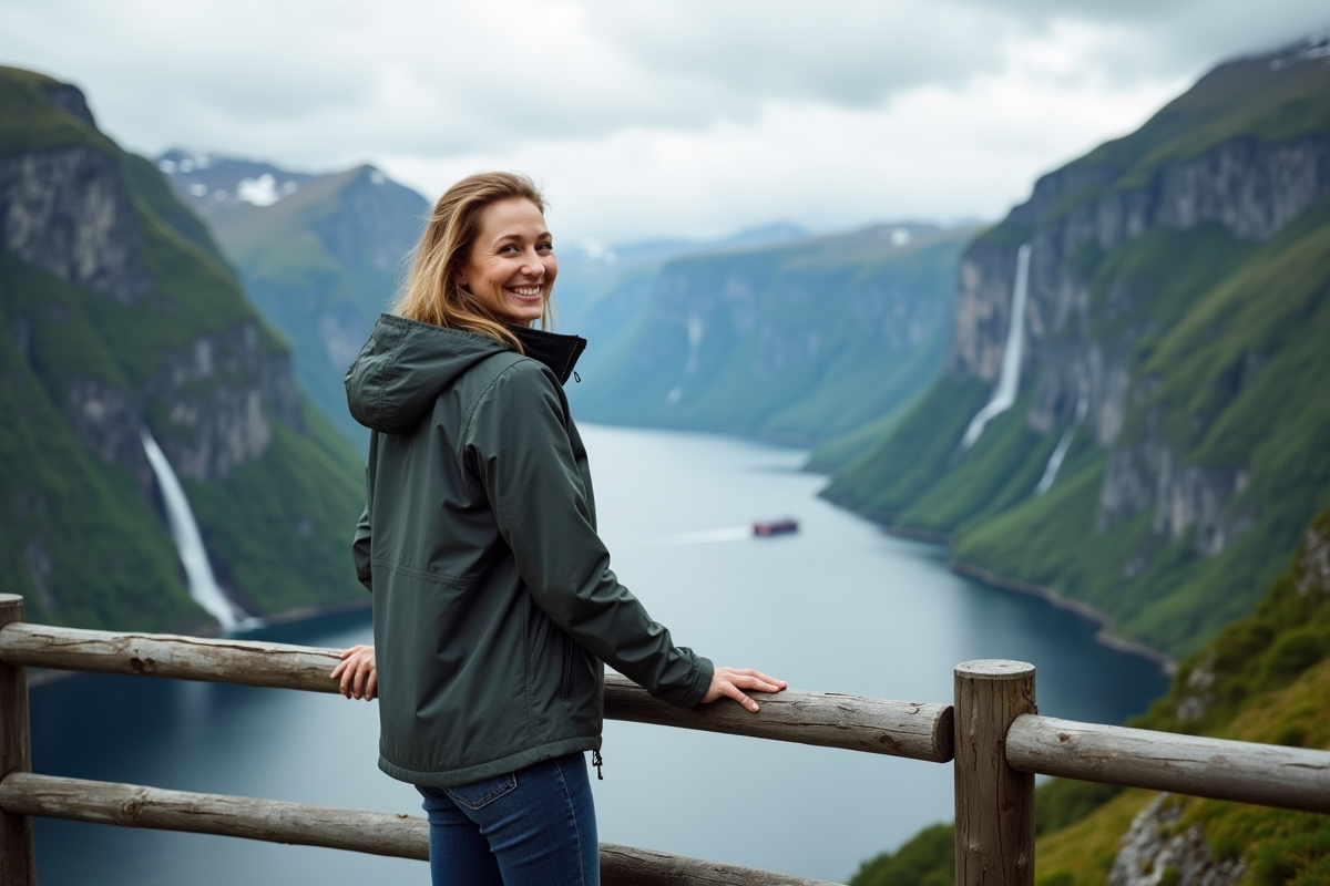Femme souriante regardant le fjord de Geiranger