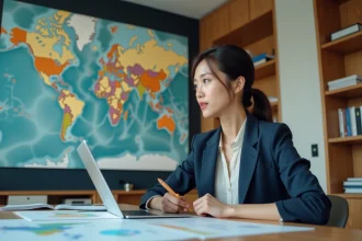 Jeune femme professionnelle regardant une carte du monde