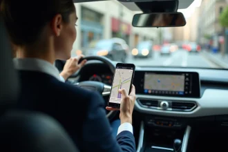 Femme professionnelle consultant une application de calcul d'itinéraire sur smartphone monté dans sa voiture en trajet domicile-travail