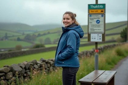 Jeune femme souriante à l'arrêt de bus rural en Man