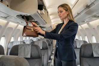 Femme plaçant un sac à main cabine Easyjet dans le compartiment supérieur d'un avion