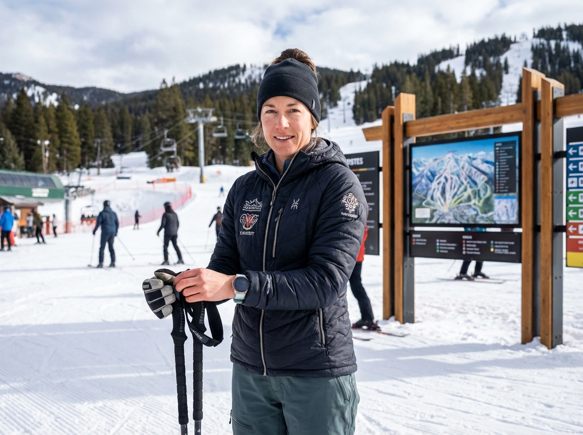 Femme ajustant son ski sur piste enneigee